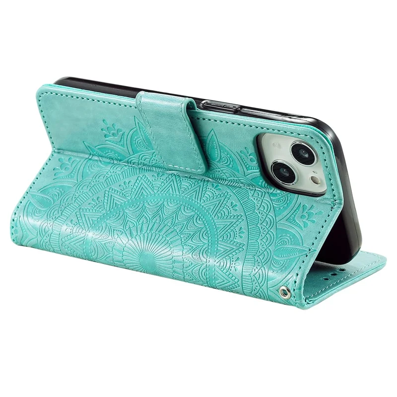 For iPhone 15 Plus Mandala Flower Imprint Protective Case PU Leather Wallet Stand Phone Cover with Strap - Green - 4
