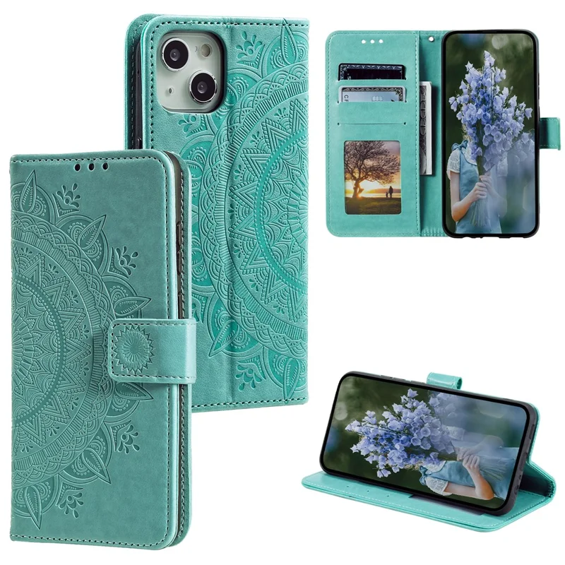 For iPhone 15 Plus Mandala Flower Imprint Protective Case PU Leather Wallet Stand Phone Cover with Strap - Green - 7