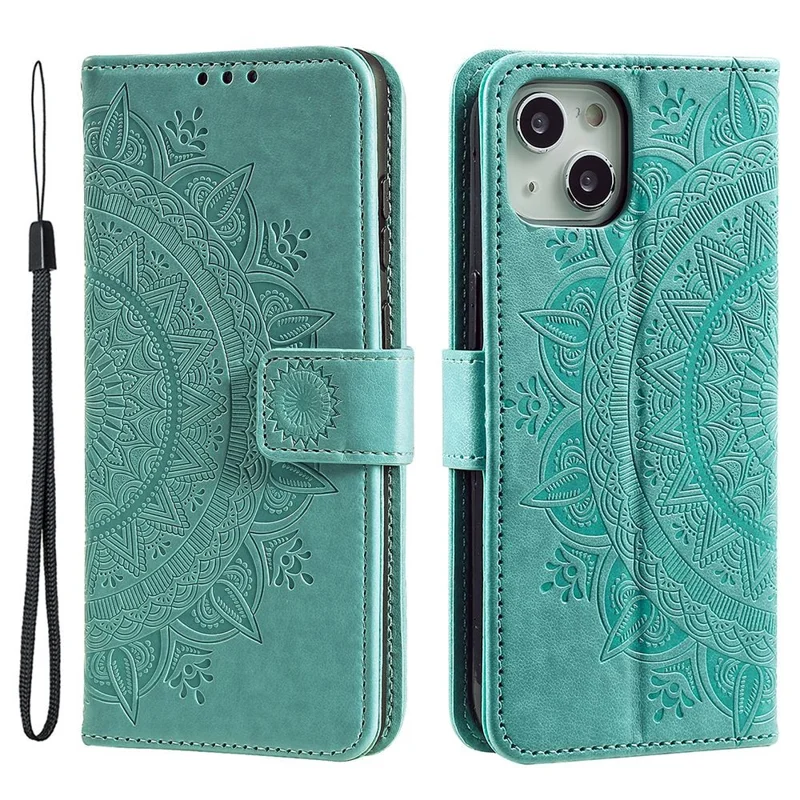 For iPhone 15 PU Leather Stand Cover Mandala Flower Imprint Wallet Phone Case with Strap - Green - 1