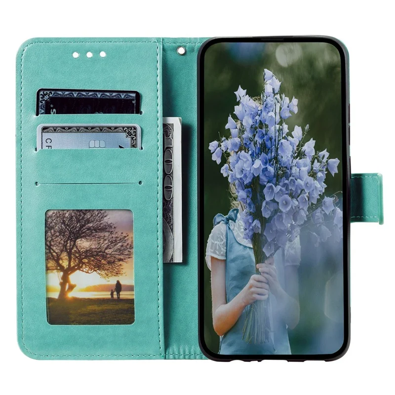 For iPhone 15 PU Leather Stand Cover Mandala Flower Imprint Wallet Phone Case with Strap - Green - 2