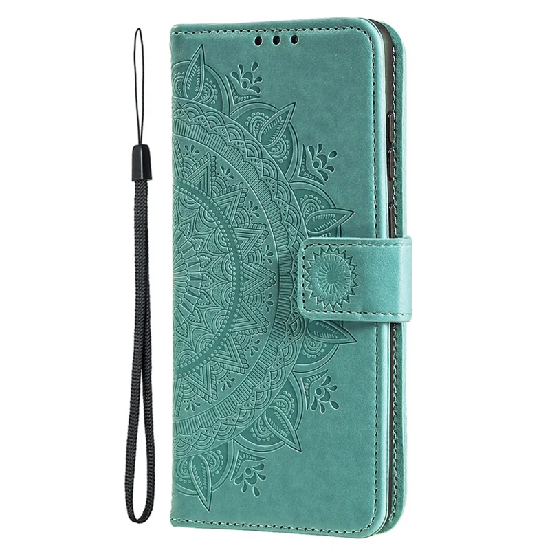 For iPhone 15 PU Leather Stand Cover Mandala Flower Imprint Wallet Phone Case with Strap - Green - 5