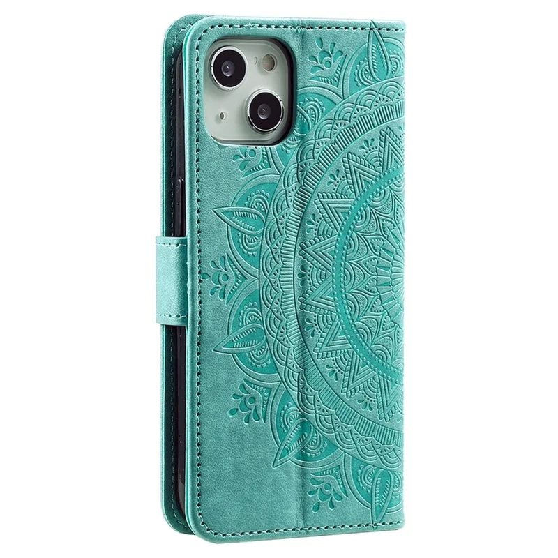 For iPhone 15 PU Leather Stand Cover Mandala Flower Imprint Wallet Phone Case with Strap - Green - 6