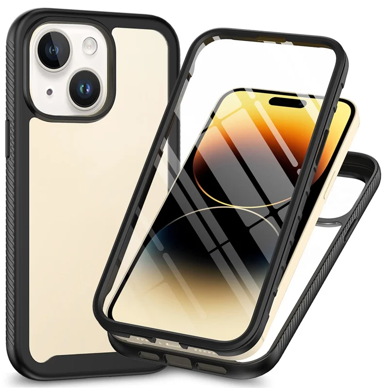 For iPhone 15 Full Protection Phone Case 3-in-1 Anti-Drop TPU+PC Cover with PET Screen Protector - Black - 1
