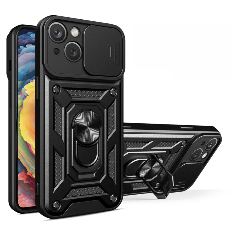 For iPhone 15 Plus Anti-Fingerprint Phone Case PC+TPU Kickstand Cover with Rear Lens Protection - Black - 1