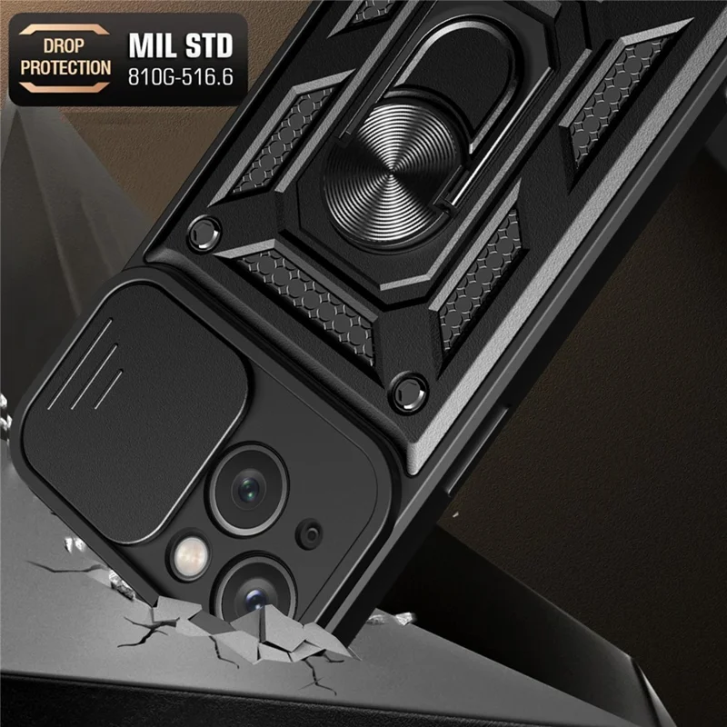 For iPhone 15 Plus Anti-Fingerprint Phone Case PC+TPU Kickstand Cover with Rear Lens Protection - Black - 3
