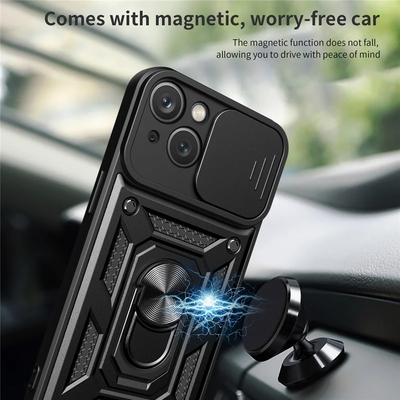 For iPhone 15 Plus Anti-Fingerprint Phone Case PC+TPU Kickstand Cover with Rear Lens Protection - Black - 4