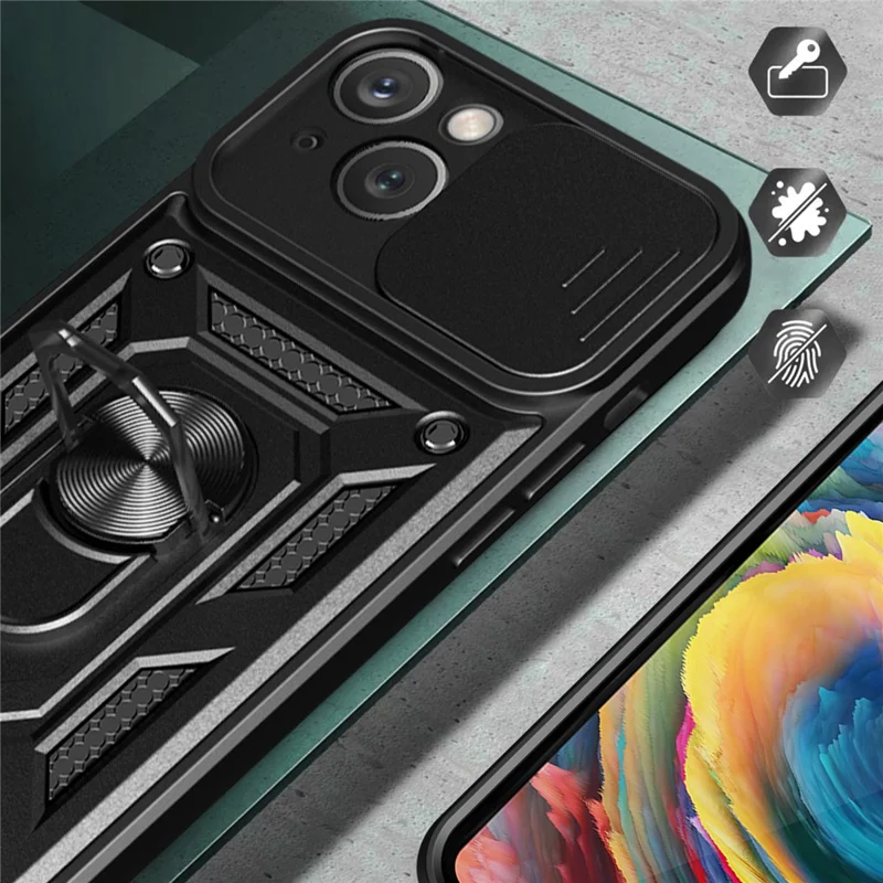 For iPhone 15 Plus Anti-Fingerprint Phone Case PC+TPU Kickstand Cover with Rear Lens Protection - Black - 5