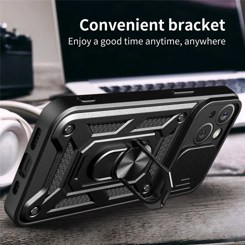 For iPhone 15 Plus Anti-Fingerprint Phone Case PC+TPU Kickstand Cover with Rear Lens Protection - Black - 6