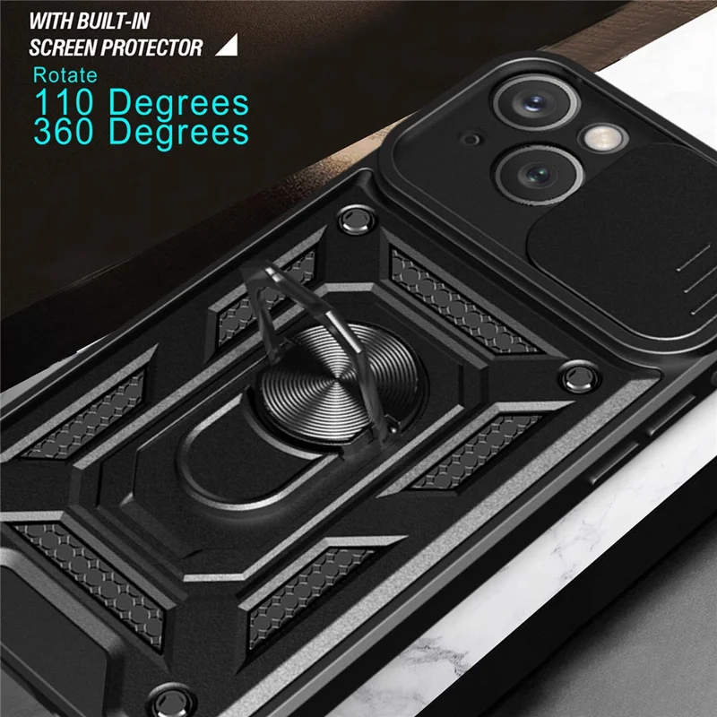 For iPhone 15 Plus Anti-Fingerprint Phone Case PC+TPU Kickstand Cover with Rear Lens Protection - Black - 7