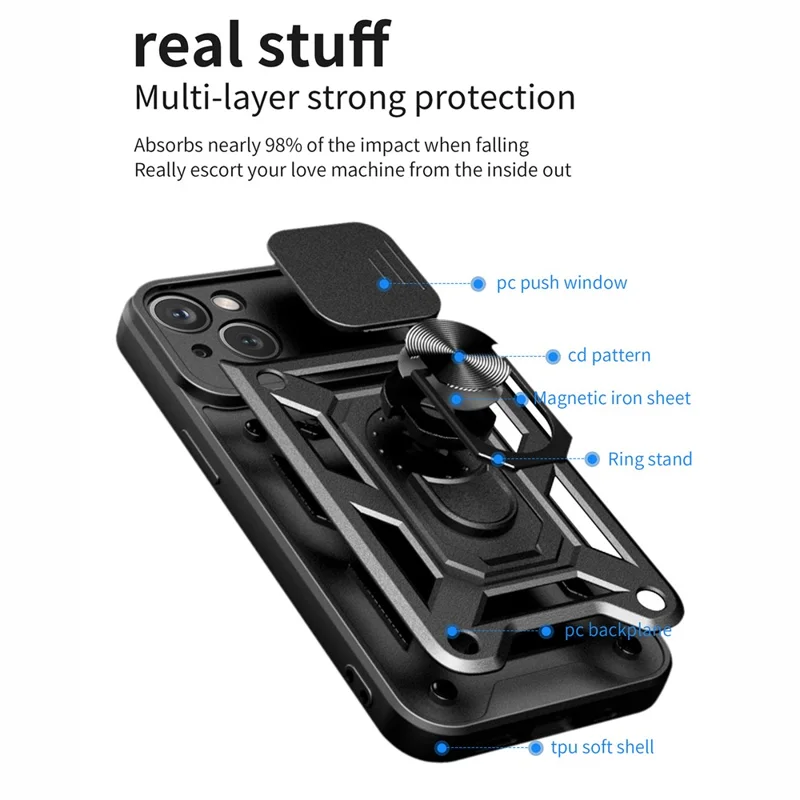 For iPhone 15 Plus Anti-Fingerprint Phone Case PC+TPU Kickstand Cover with Rear Lens Protection - Black - 8