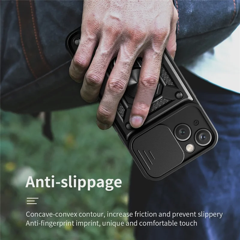 For iPhone 15 Plus Anti-Fingerprint Phone Case PC+TPU Kickstand Cover with Rear Lens Protection - Black - 9