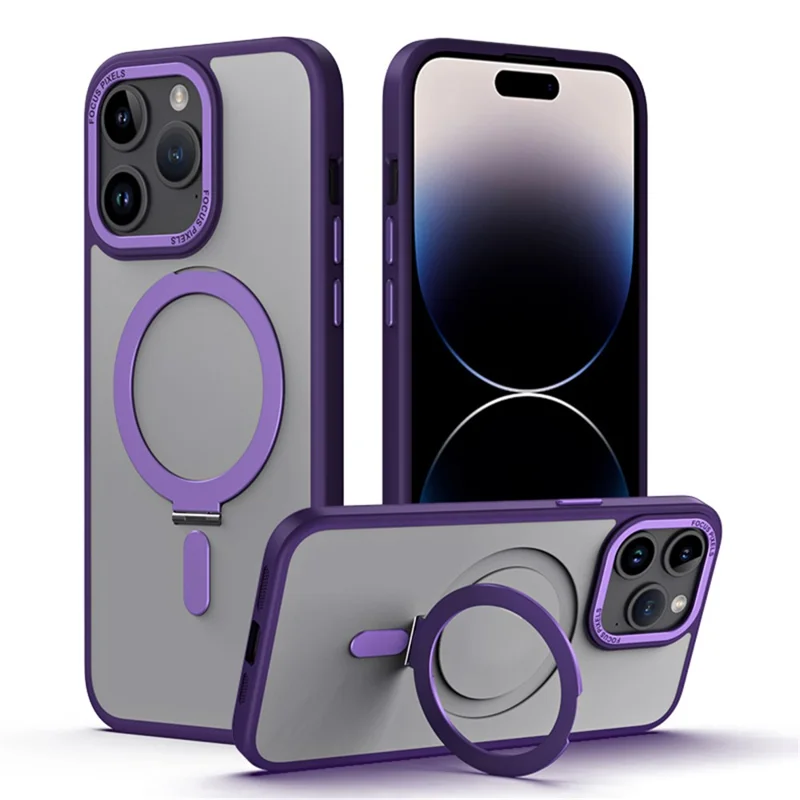 Magnetic Matte Case for iPhone 15 Pro Max , TPU+Acrylic Drop Protection Invisible Kickstand Phone Cover - Purple - 2