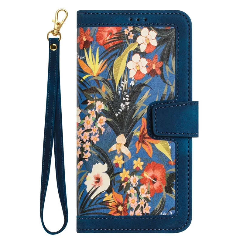 Card Slots Stand Phone Cover for iPhone 15 Plus , Flower Pattern Printing PU Leather Phone Case - Dark Blue - 10