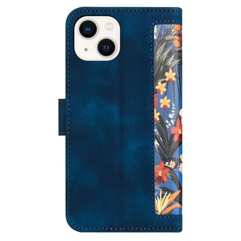 Card Slots Stand Phone Cover for iPhone 15 Plus , Flower Pattern Printing PU Leather Phone Case - Dark Blue - 11