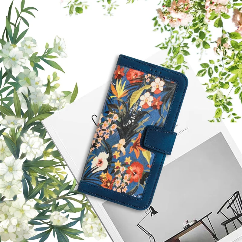 Card Slots Stand Phone Cover for iPhone 15 Plus , Flower Pattern Printing PU Leather Phone Case - Dark Blue - 12