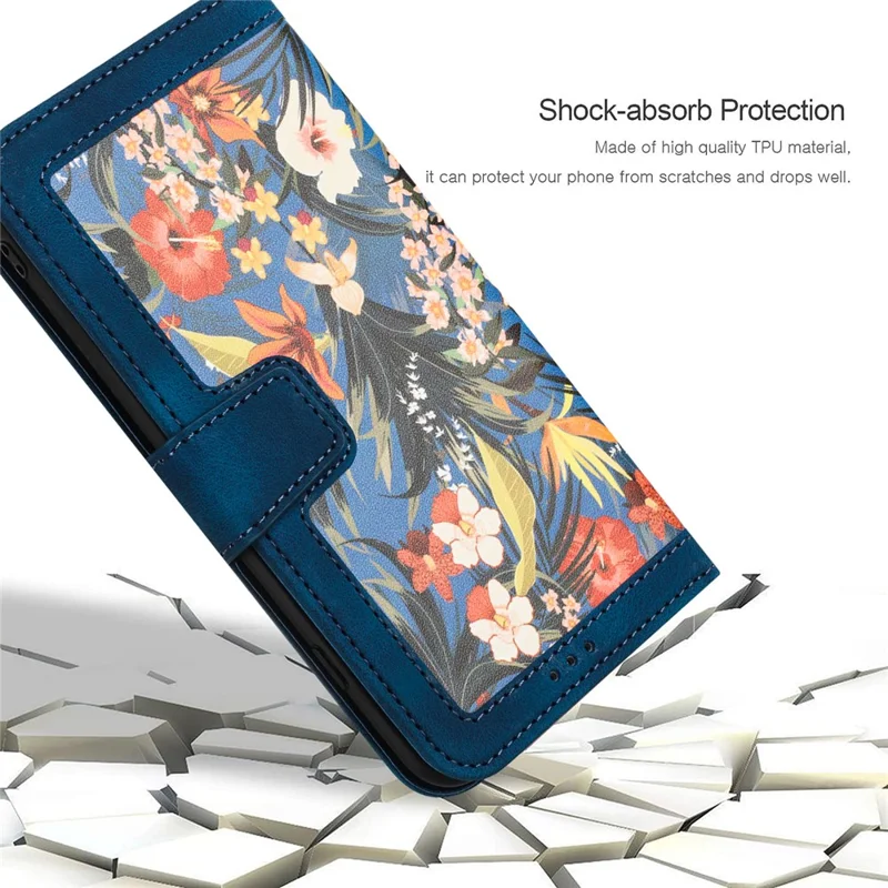 Card Slots Stand Phone Cover for iPhone 15 Plus , Flower Pattern Printing PU Leather Phone Case - Dark Blue - 7