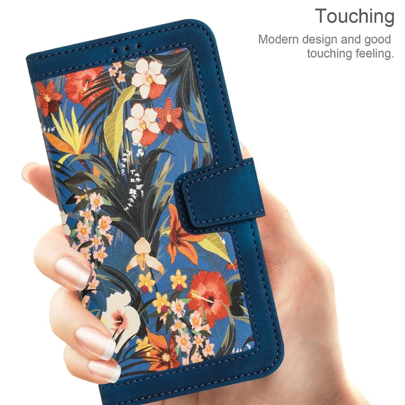Card Slots Stand Phone Cover for iPhone 15 Plus , Flower Pattern Printing PU Leather Phone Case - Dark Blue - 8