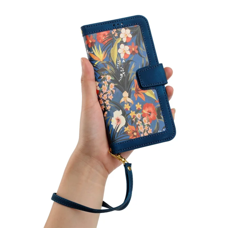 Card Slots Stand Phone Cover for iPhone 15 Plus , Flower Pattern Printing PU Leather Phone Case - Dark Blue - 9