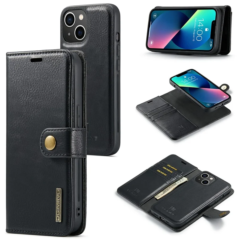 DG.MING For iPhone 15 Anti-Scratch Split Leather Wallet Stand Cover Detachable Magnetic Phone Case Shell - Black - 1