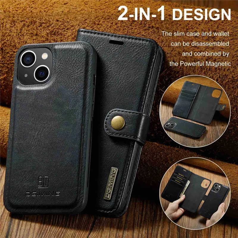 DG.MING For iPhone 15 Anti-Scratch Split Leather Wallet Stand Cover Detachable Magnetic Phone Case Shell - Black - 6