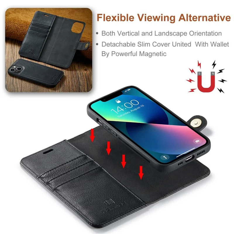 DG.MING For iPhone 15 Anti-Scratch Split Leather Wallet Stand Cover Detachable Magnetic Phone Case Shell - Black - 7