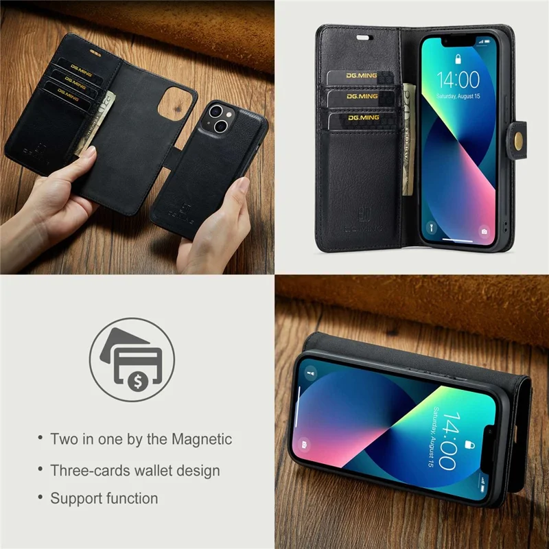 DG.MING For iPhone 15 Anti-Scratch Split Leather Wallet Stand Cover Detachable Magnetic Phone Case Shell - Black - 8
