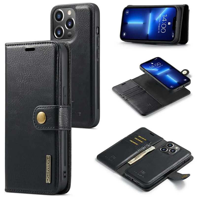 DG.MING For iPhone 15 Pro Phone Case Shockproof Split Leather Detachable Magnetic Phone Shell Wallet Stand Cover - Black - 1