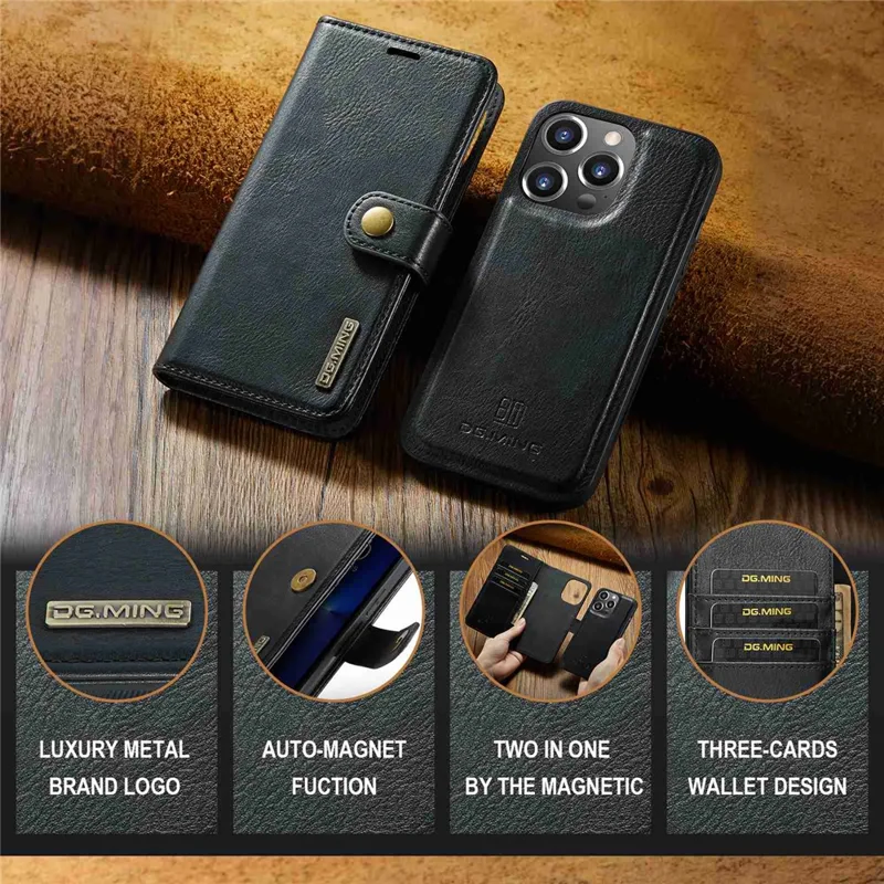 DG.MING For iPhone 15 Pro Phone Case Shockproof Split Leather Detachable Magnetic Phone Shell Wallet Stand Cover - Black - 4
