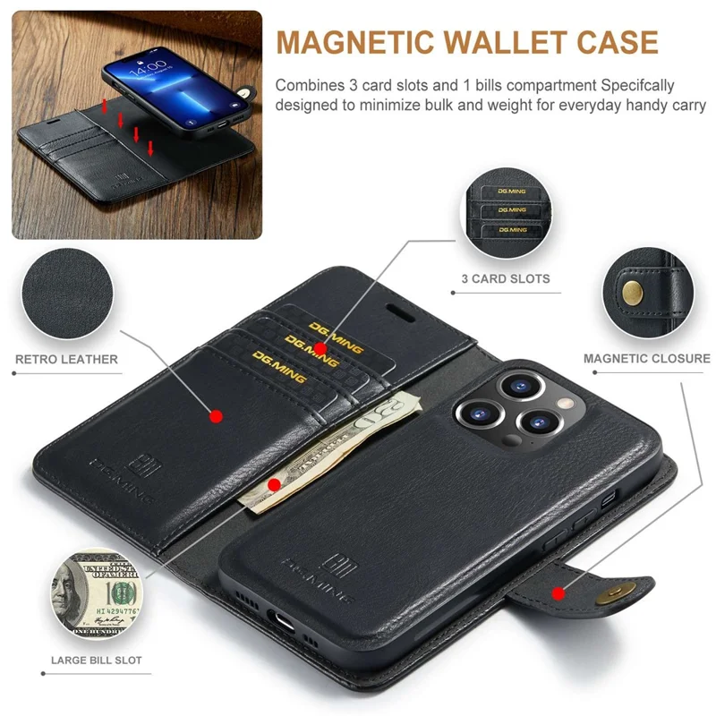 DG.MING For iPhone 15 Pro Max Detachable Magnetic Phone Case Drop Proof Split Leather Wallet Stand Cover - Black - 5