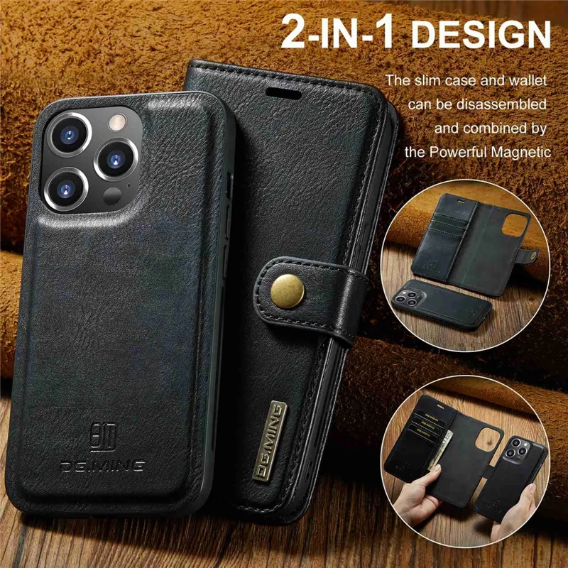 DG.MING For iPhone 15 Pro Max Detachable Magnetic Phone Case Drop Proof Split Leather Wallet Stand Cover - Black - 6