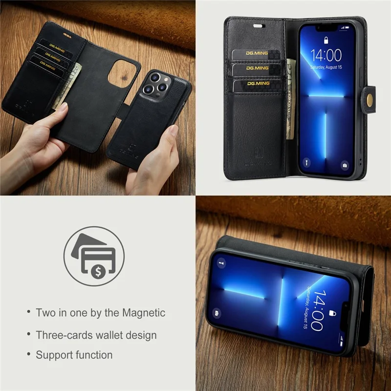 DG.MING For iPhone 15 Pro Max Detachable Magnetic Phone Case Drop Proof Split Leather Wallet Stand Cover - Black - 8