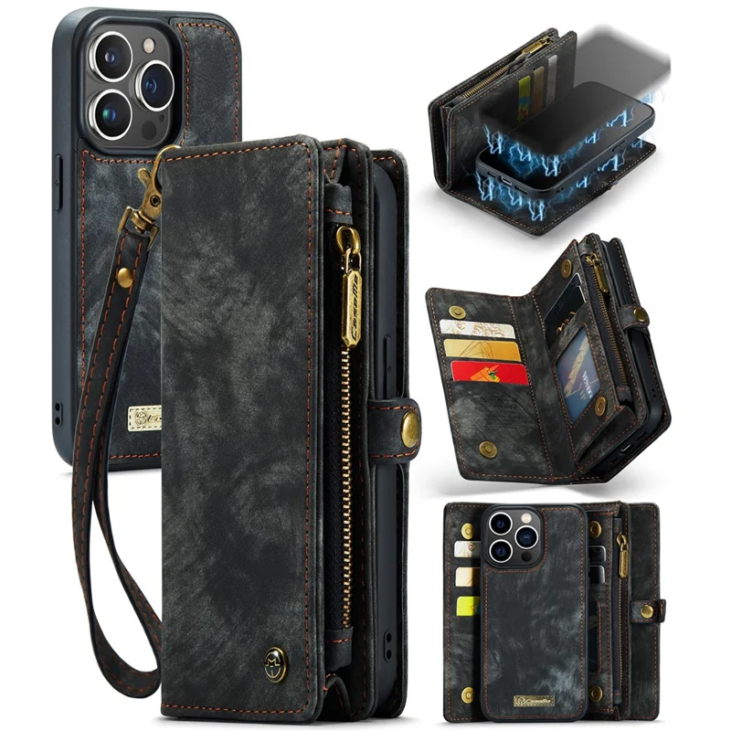 For iPhone 15 Pro Max Phone Cases CASEME 008 Leather Cover with Detachable Wallet and Strap - Black - 1