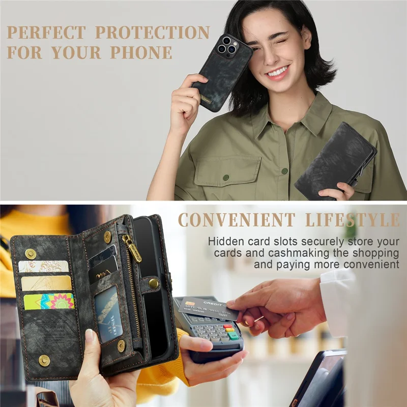 For iPhone 15 Pro Max Phone Cases CASEME 008 Leather Cover with Detachable Wallet and Strap - Black - 10