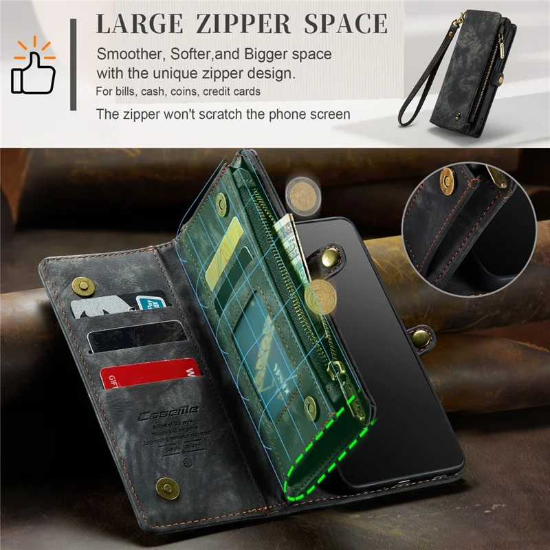For iPhone 15 Pro Max Phone Cases CASEME 008 Leather Cover with Detachable Wallet and Strap - Black - 11