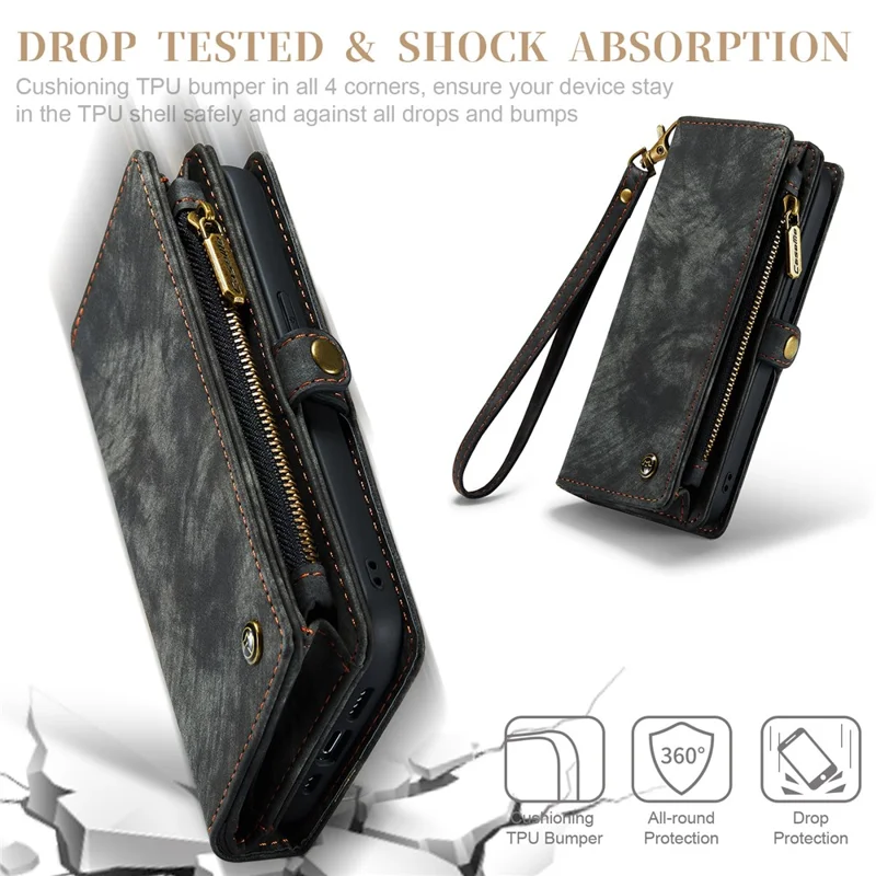 For iPhone 15 Pro Max Phone Cases CASEME 008 Leather Cover with Detachable Wallet and Strap - Black - 12