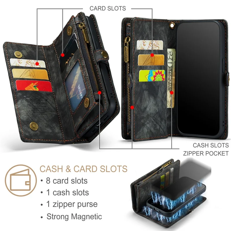 For iPhone 15 Pro Max Phone Cases CASEME 008 Leather Cover with Detachable Wallet and Strap - Black - 6