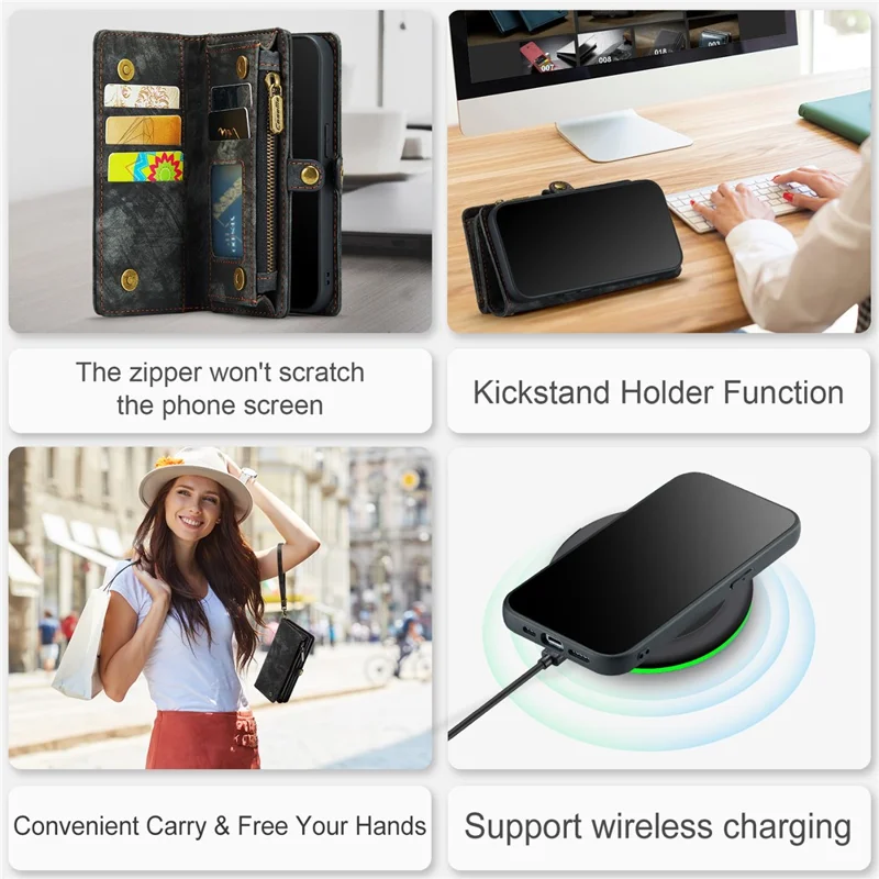 For iPhone 15 Pro Max Phone Cases CASEME 008 Leather Cover with Detachable Wallet and Strap - Black - 7