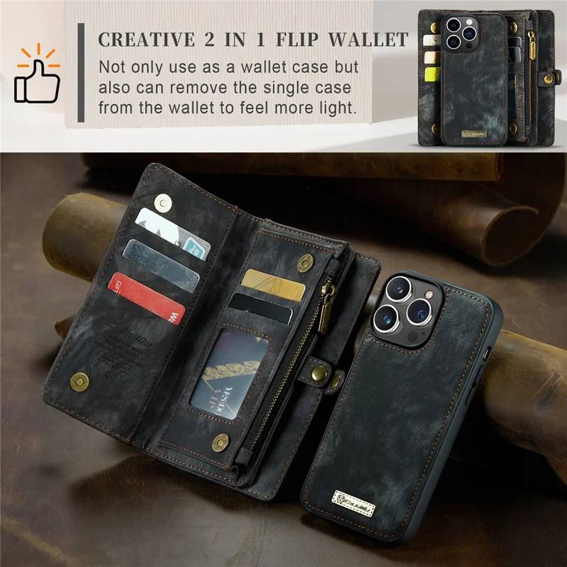 For iPhone 15 Pro Max Phone Cases CASEME 008 Leather Cover with Detachable Wallet and Strap - Black - 8