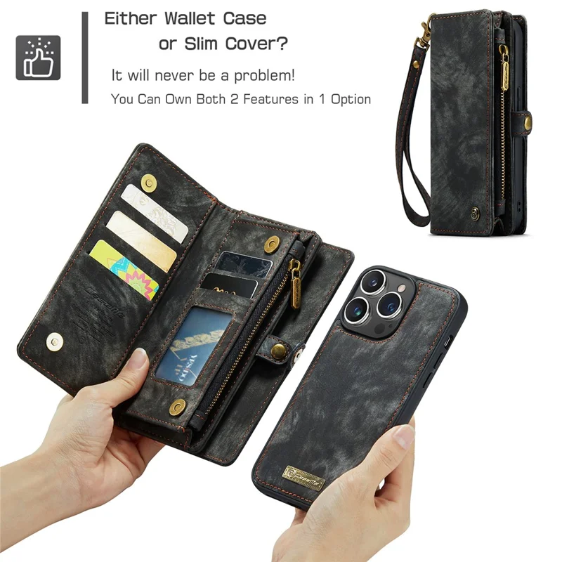 For iPhone 15 Pro Max Phone Cases CASEME 008 Leather Cover with Detachable Wallet and Strap - Black - 9