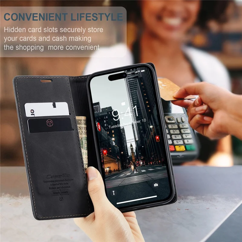 CASEME 013 Series For iPhone 15 Pro Leather Wallet Phone Case Folding Stand Anti-scratch Cover - Black - 10