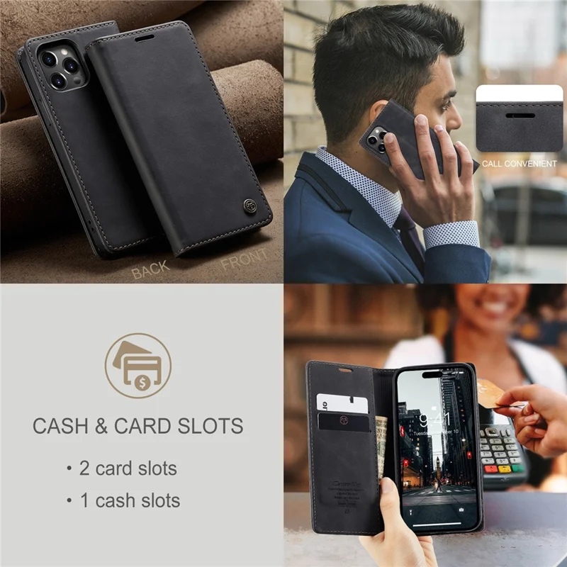 CASEME 013 Series For iPhone 15 Pro Leather Wallet Phone Case Folding Stand Anti-scratch Cover - Black - 11