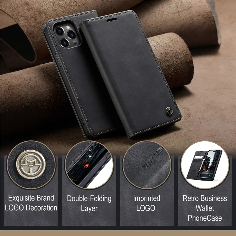 CASEME 013 Series For iPhone 15 Pro Leather Wallet Phone Case Folding Stand Anti-scratch Cover - Black - 12