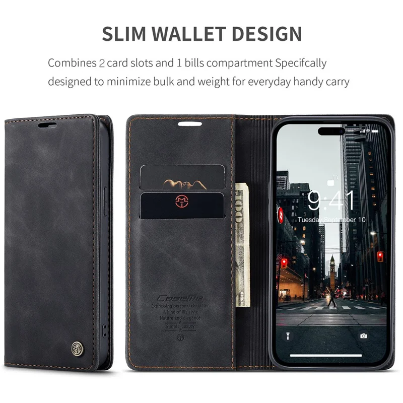 CASEME 013 Series For iPhone 15 Pro Leather Wallet Phone Case Folding Stand Anti-scratch Cover - Black - 4