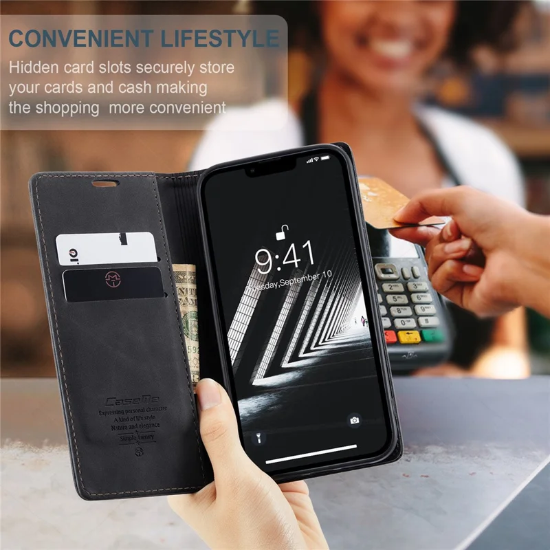 CASEME 013 Series For iPhone 15 Leather Wallet Phone Case Flip Stand Drop-proof Cover - Black - 10