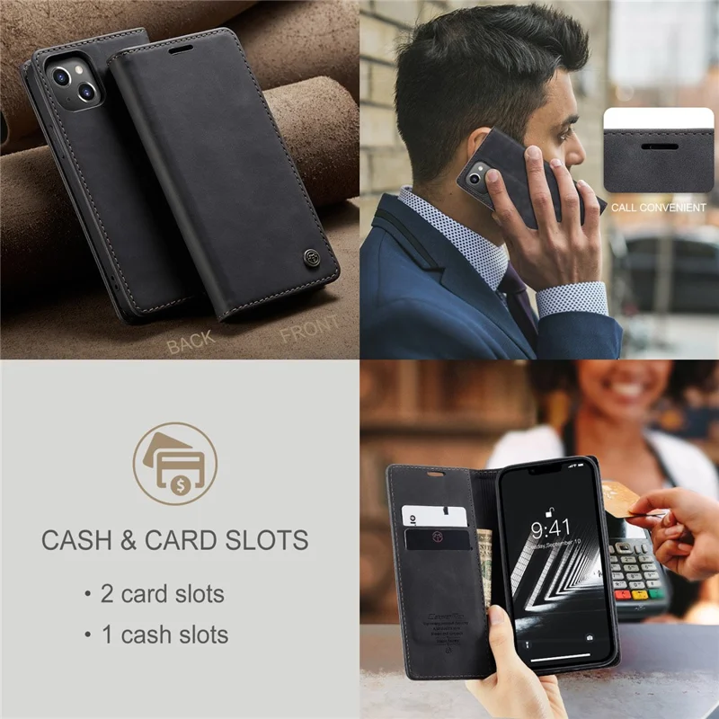 CASEME 013 Series For iPhone 15 Leather Wallet Phone Case Flip Stand Drop-proof Cover - Black - 11