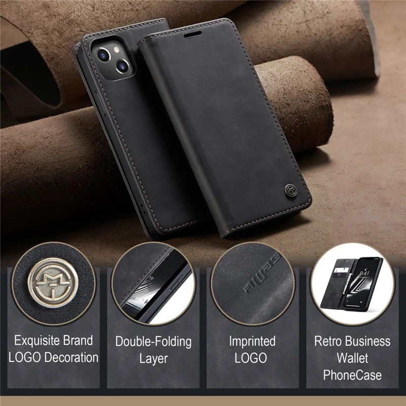 CASEME 013 Series For iPhone 15 Leather Wallet Phone Case Flip Stand Drop-proof Cover - Black - 12