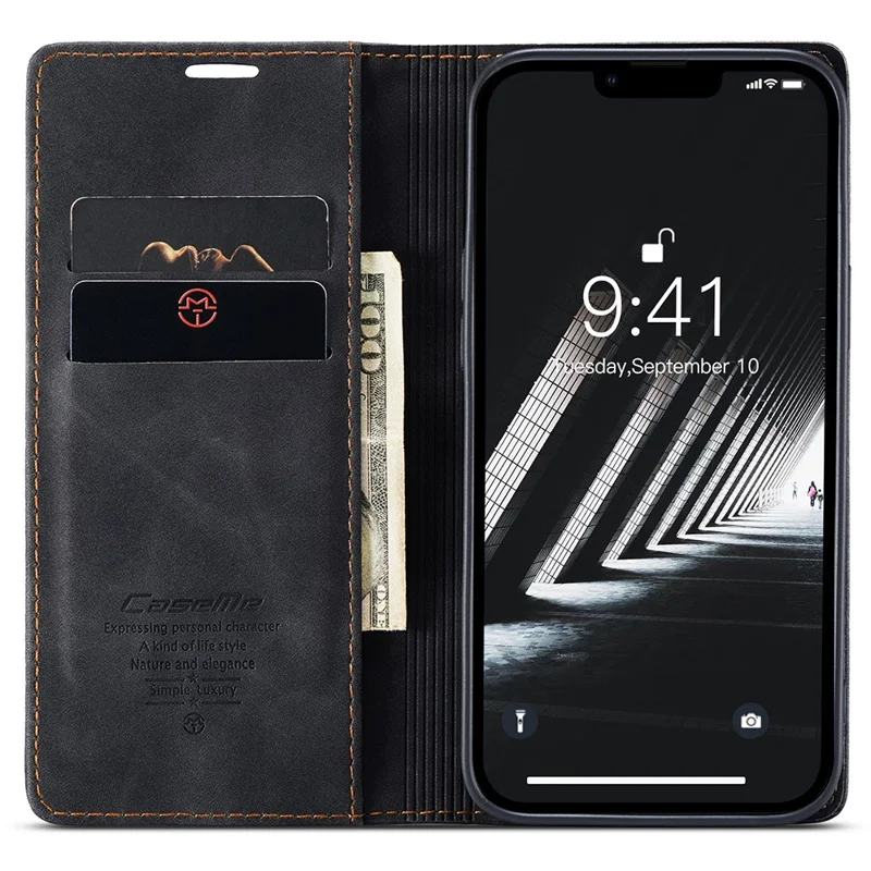 CASEME 013 Series For iPhone 15 Leather Wallet Phone Case Flip Stand Drop-proof Cover - Black - 2