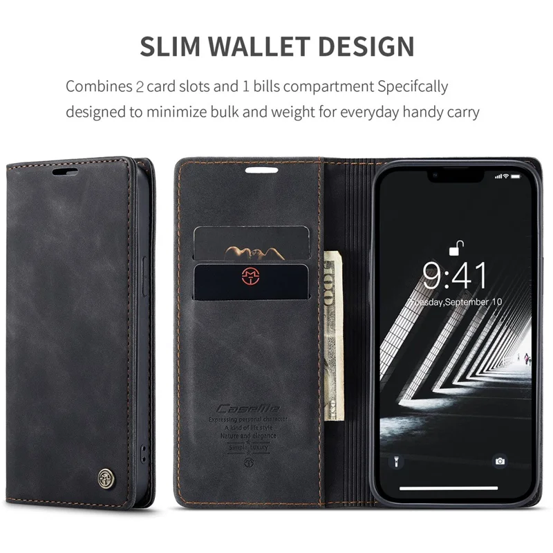 CASEME 013 Series For iPhone 15 Leather Wallet Phone Case Flip Stand Drop-proof Cover - Black - 4