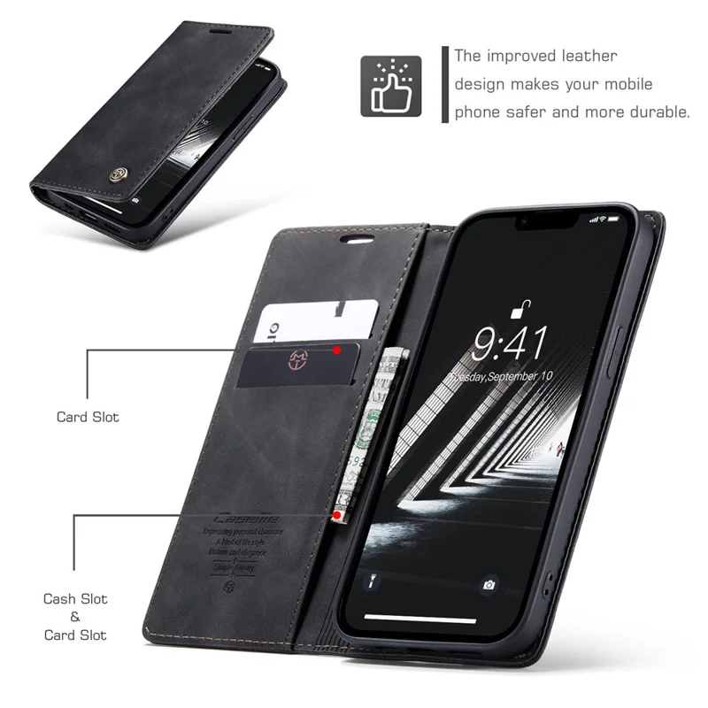 CASEME 013 Series For iPhone 15 Leather Wallet Phone Case Flip Stand Drop-proof Cover - Black - 5