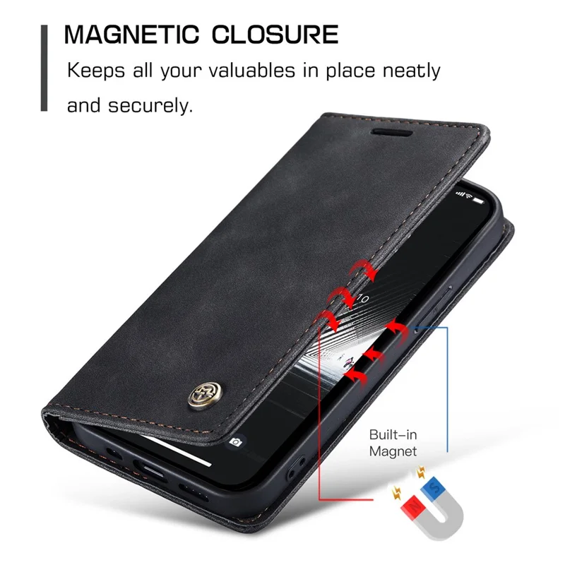 CASEME 013 Series For iPhone 15 Leather Wallet Phone Case Flip Stand Drop-proof Cover - Black - 6